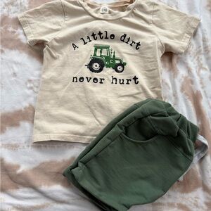 Kids Cream Tractor T-Shirt and Green Shorts Set